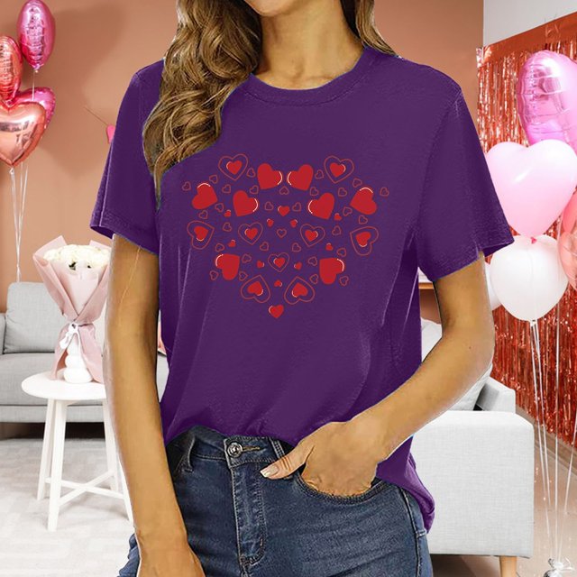 T-shirts à Col Rond pour Femmes Manches Courtes Mode Imprimé Cœur T-Shirt Ample Léger Confortable Doux Chandail Tenues Violet P