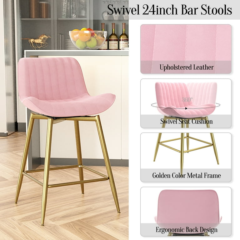 Homezeer 24 Counter Height Bar Stools Set 2 Gold Metal Legs Velvet Upholstery Kitchen Stools Pink
