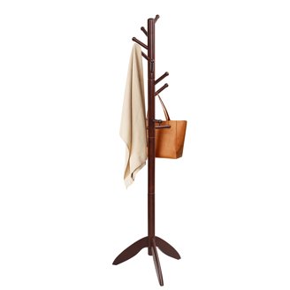 Coat Rack Stand With 9 Hooks & 4 Adjustable Height - Wooden Coat Tree, Circular Base, Dark Brown
