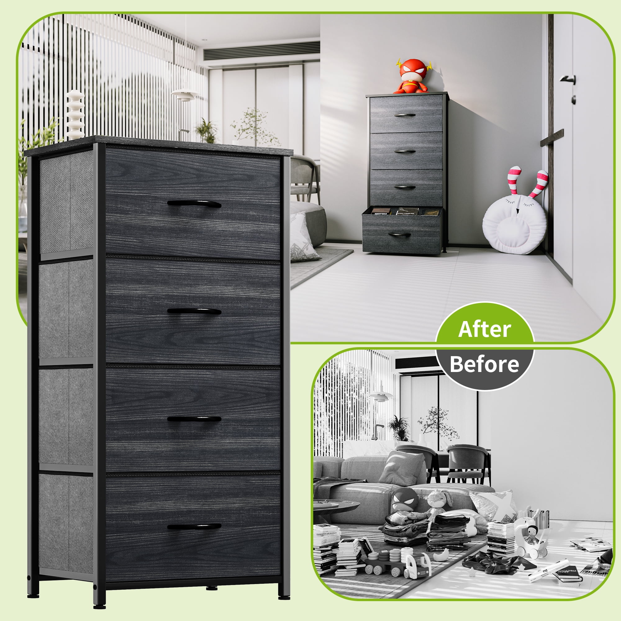 DEXTRUS 4-Drawer Bedside Dresser for Adults with Charcoal Black Finish – Bedroom & Storage Organizer