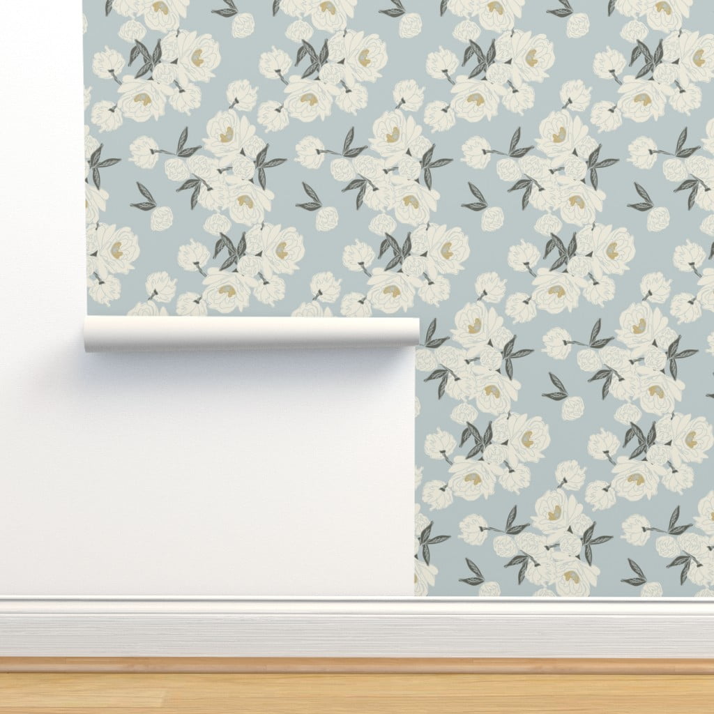 Peel & Stick Wallpaper 9ft x 2ft - Cream Peonies Light Blue Flowers