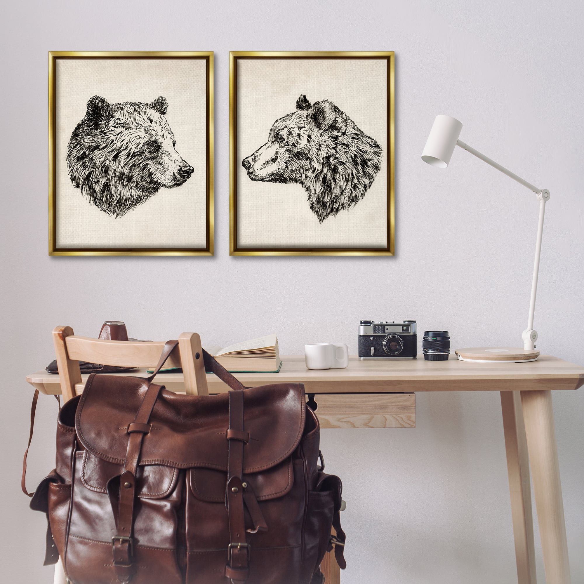 Stupell Industries Portrait Brown Bear Animal Animals Drawing Gold Floater Framed Canvas Art Print Wall Art, 31 x 25, Set of 2