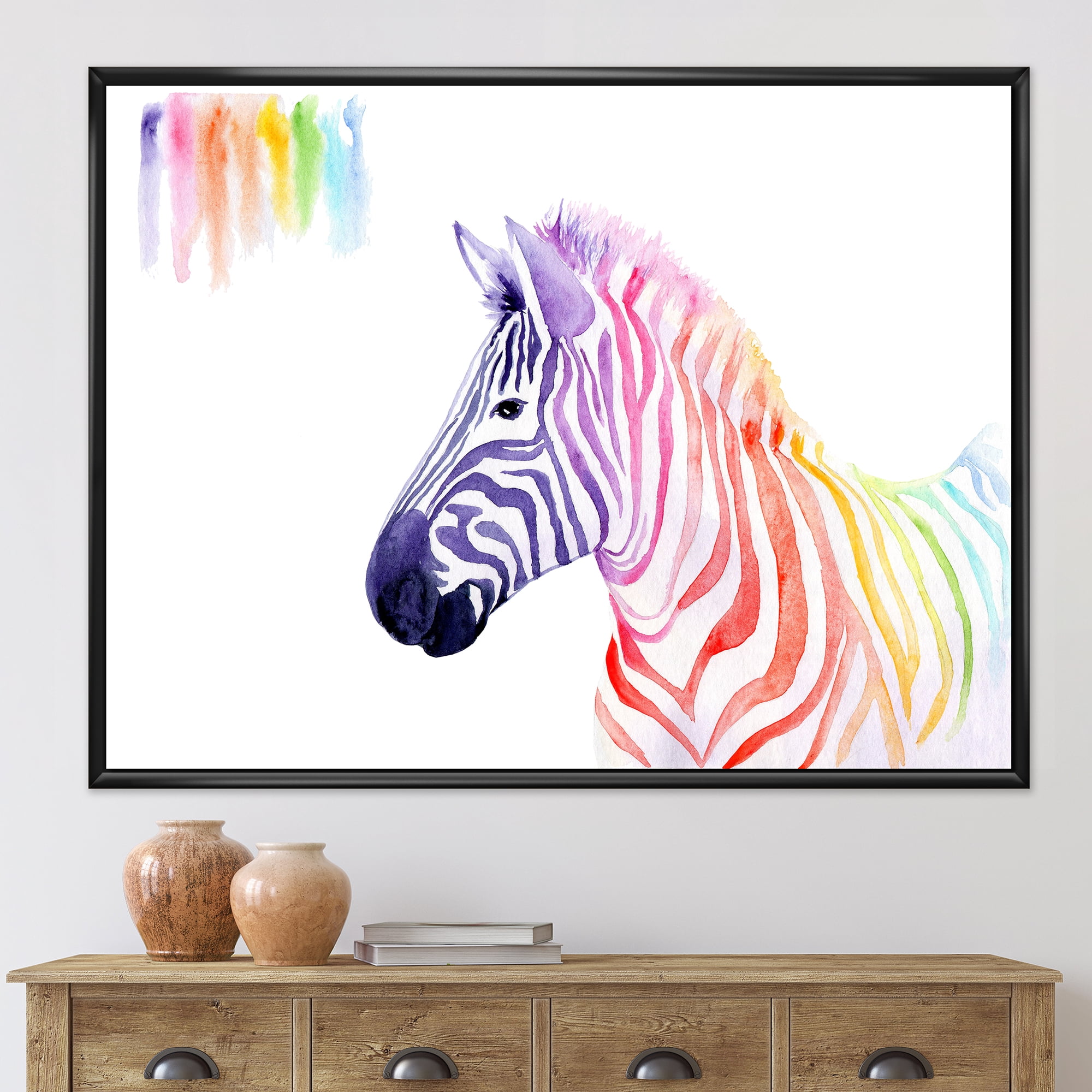 Designart 'Portrait of Rainbow Zebra On White' Farmhouse Framed Canvas Wall Art Print