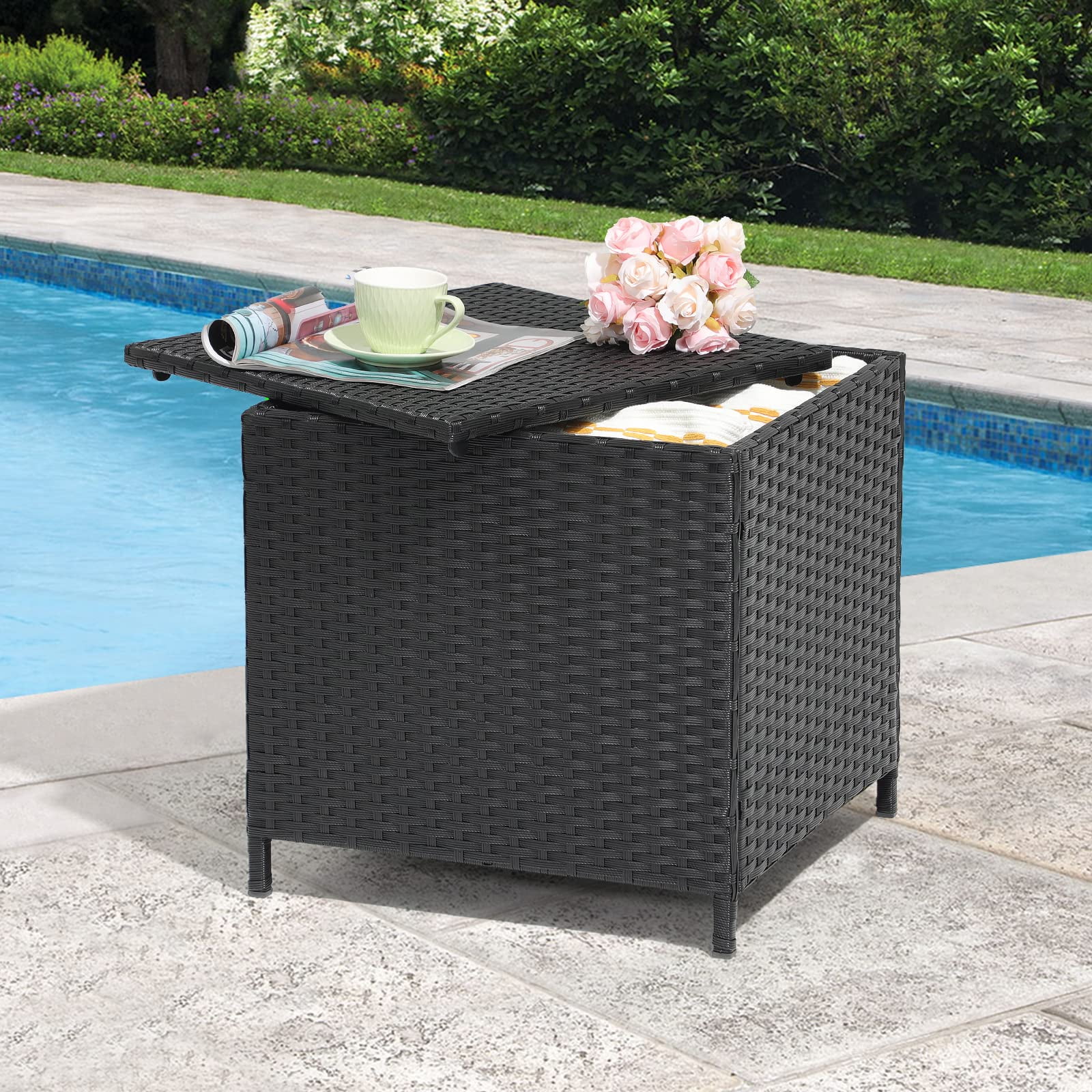 JOIVI Outdoor Wicker Side Table, All-weather Rattan Small Storage Box End Table, Square Resin Coffee Table with Iron Frame,Black