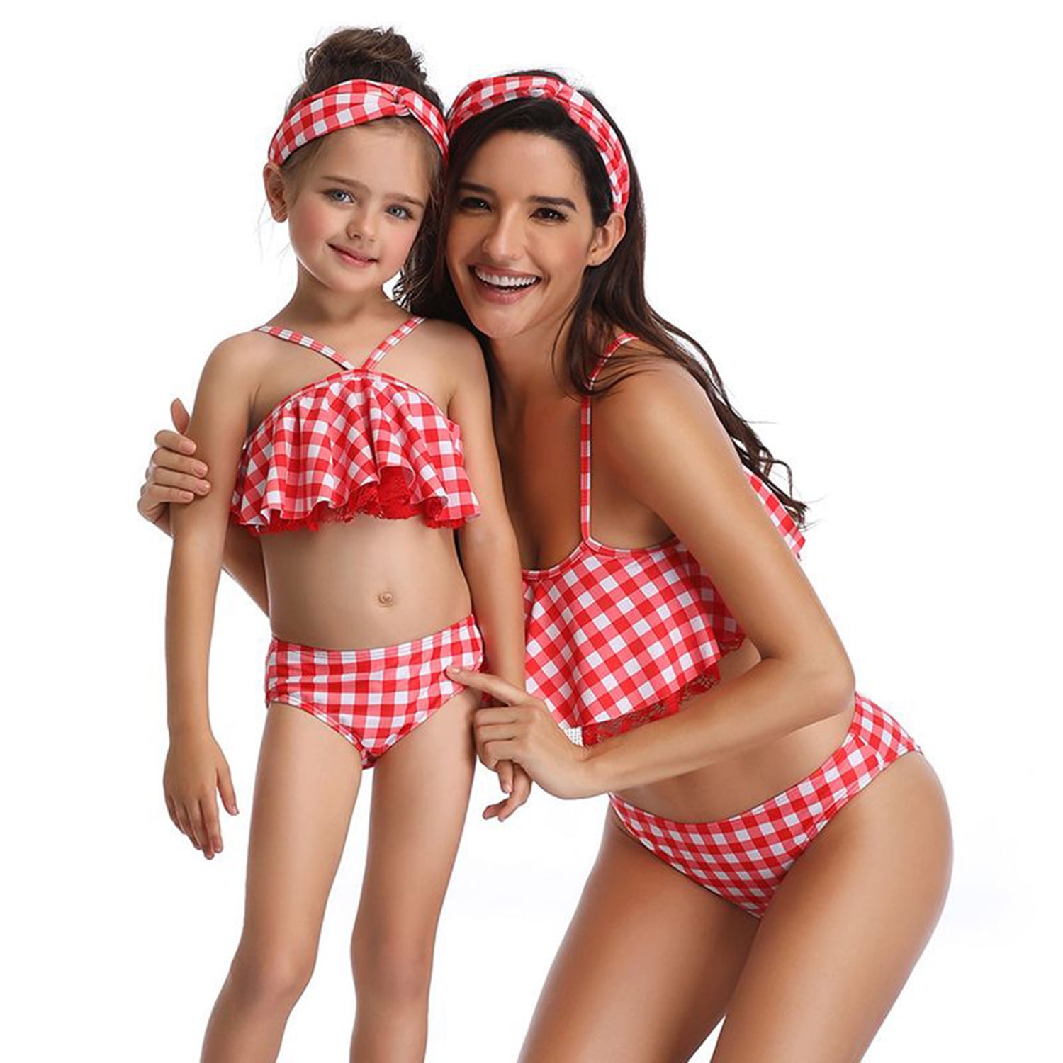 M Pink Yaffi Family Matching Swimwear Ruffle Two Pieces Bikini Set Tropical Printed Mommy and Me Bathing Suit Beach Wear Women 