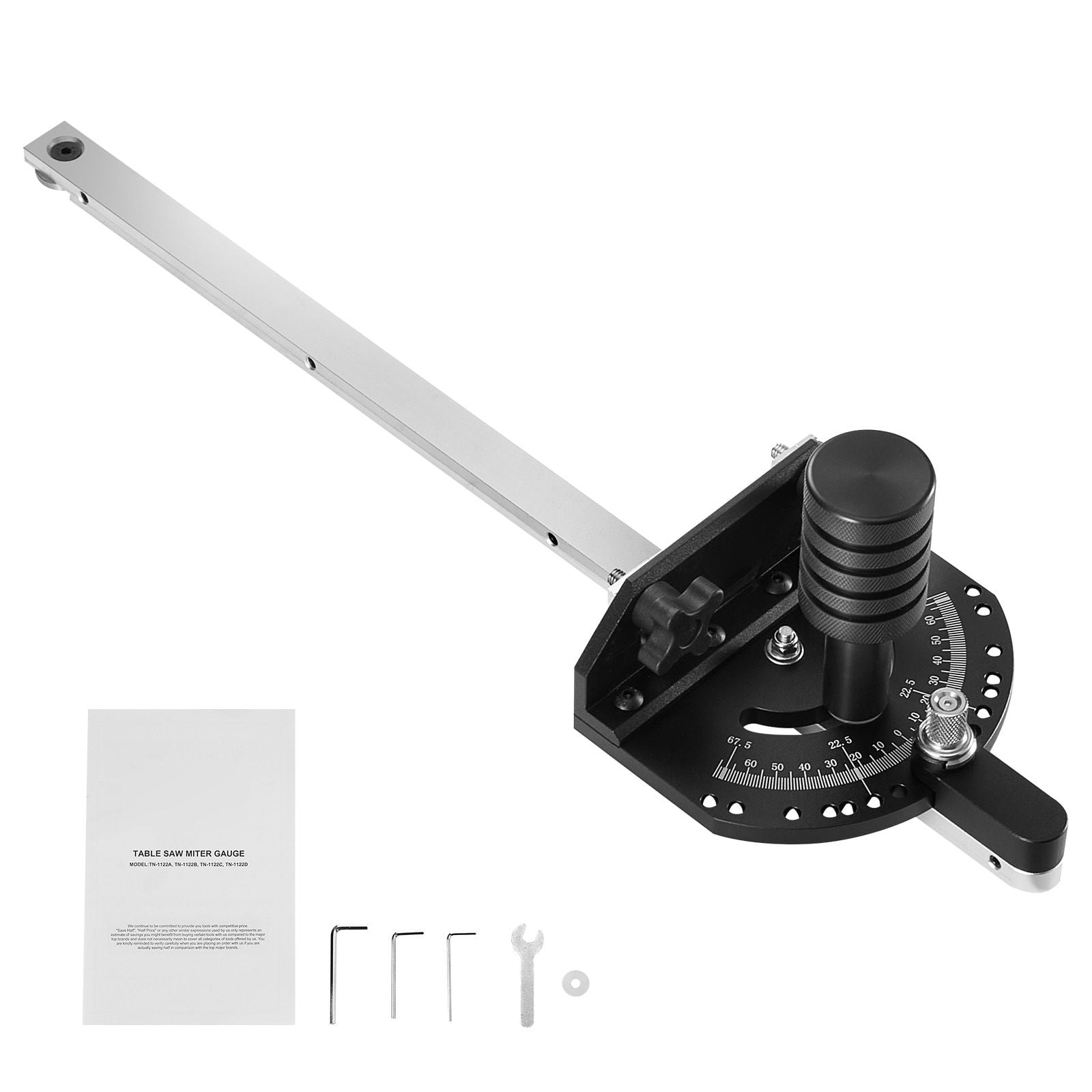 Miter Gauge for Table Saw, Fits 3/4x3/8 Inch Slots, 15 Positive Stop Holes (0-90-67.5°), Adjustable Solid Aluminum Head, Laser-Engraved Scale, Durable Build