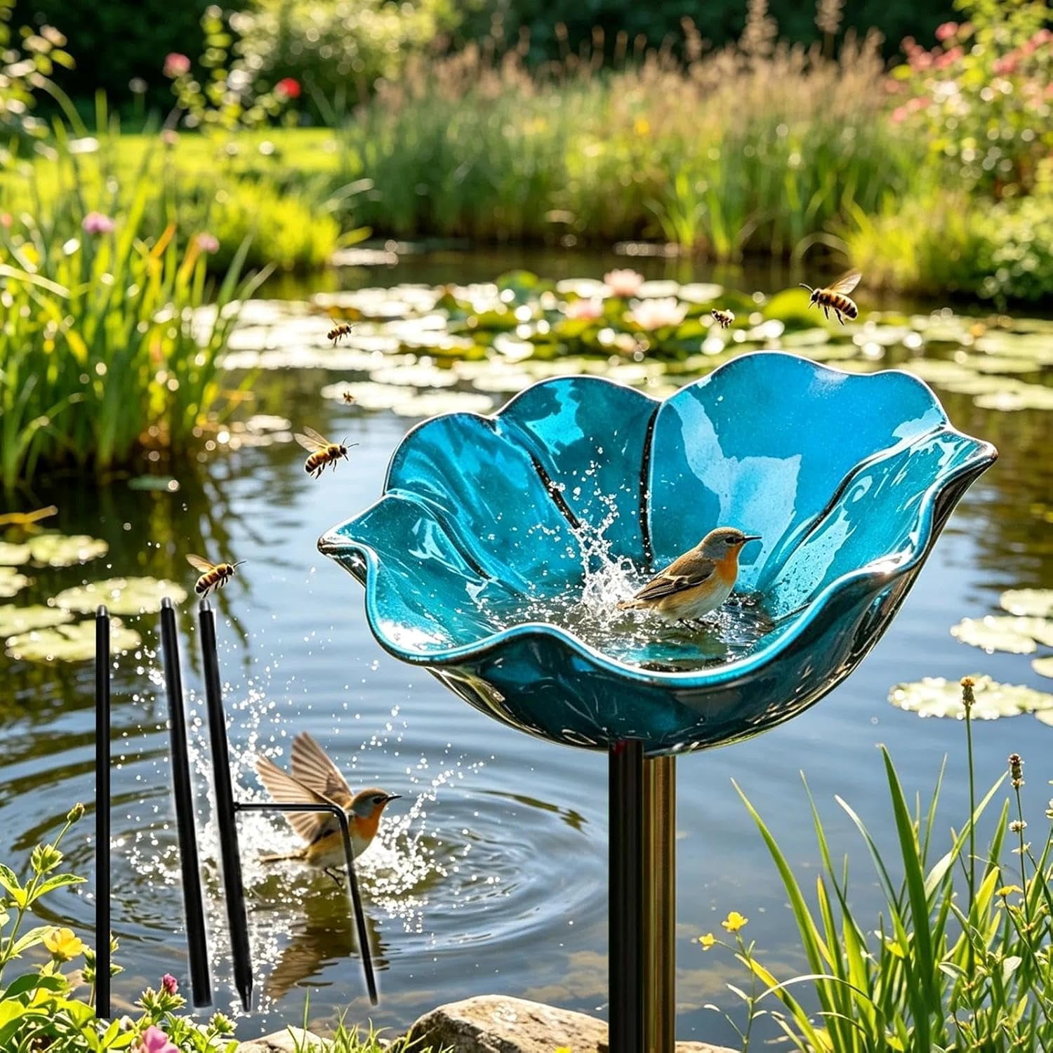 Handmade Metal Flower Garden Stake with Bee Bath & Bird Bath & Colorful Butterfly Bowl Decorative Outdoor Yard Art, with Flower Design, Yard Decor Butterfly Pollinator Watering Station (Blue, 5)