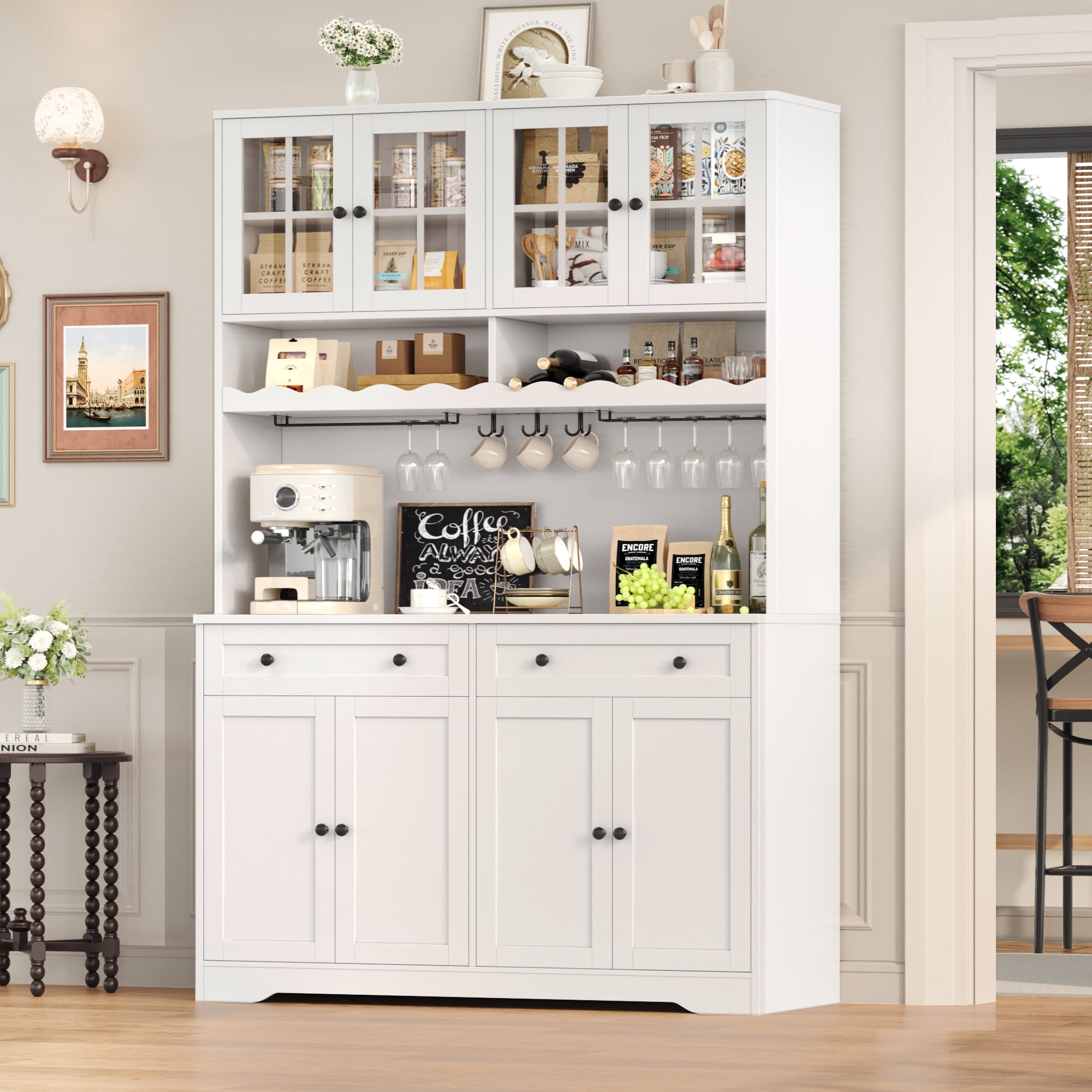 Hiphuta 75"Tall Kitchen Pantry Storage Cabinet with Power Outlet, Large Pantry Cabinet with Microwave Stand, Modern Freestanding Cupboard Hutch for Home Dinning Room, White