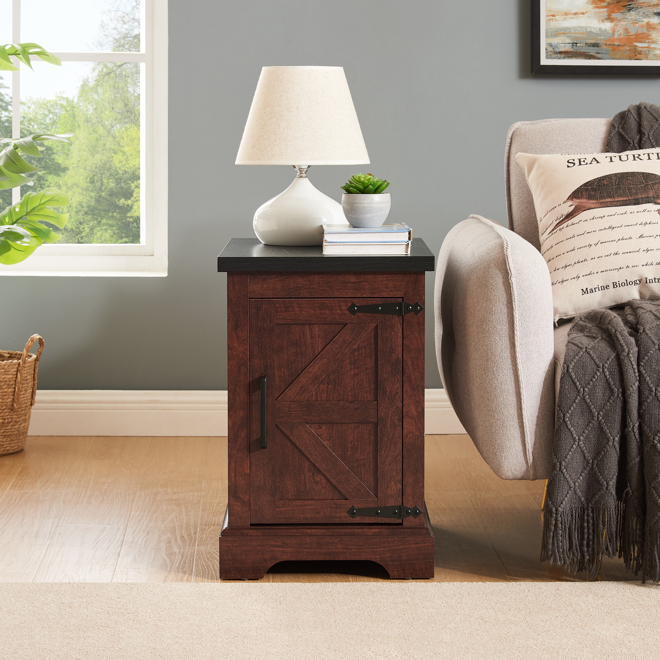 Noble House Windsor Farmhouse End Table, Barn Door Nightstand with Adjustable Shelf, Rustic Side Table, Oak