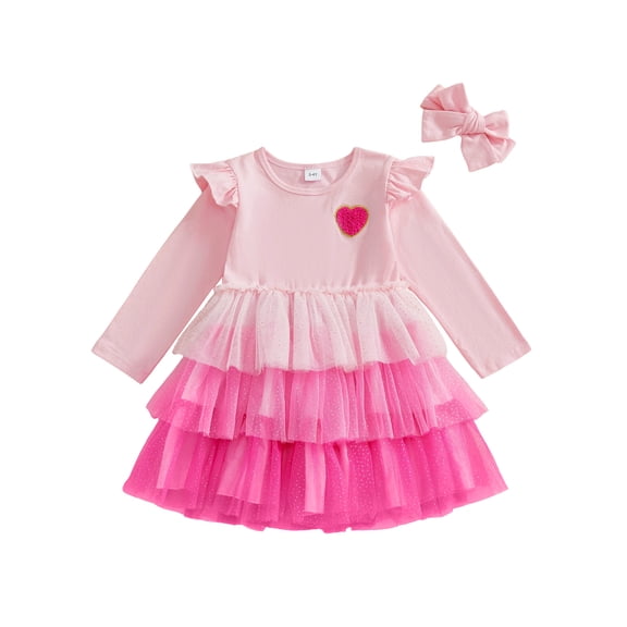 Miaouyo 1-5T Kids Baby Girls Valentine's Day Outfits Fashionable Heart Embroidery Long Sleeves Round Neck Dress with Headband Clothing Set