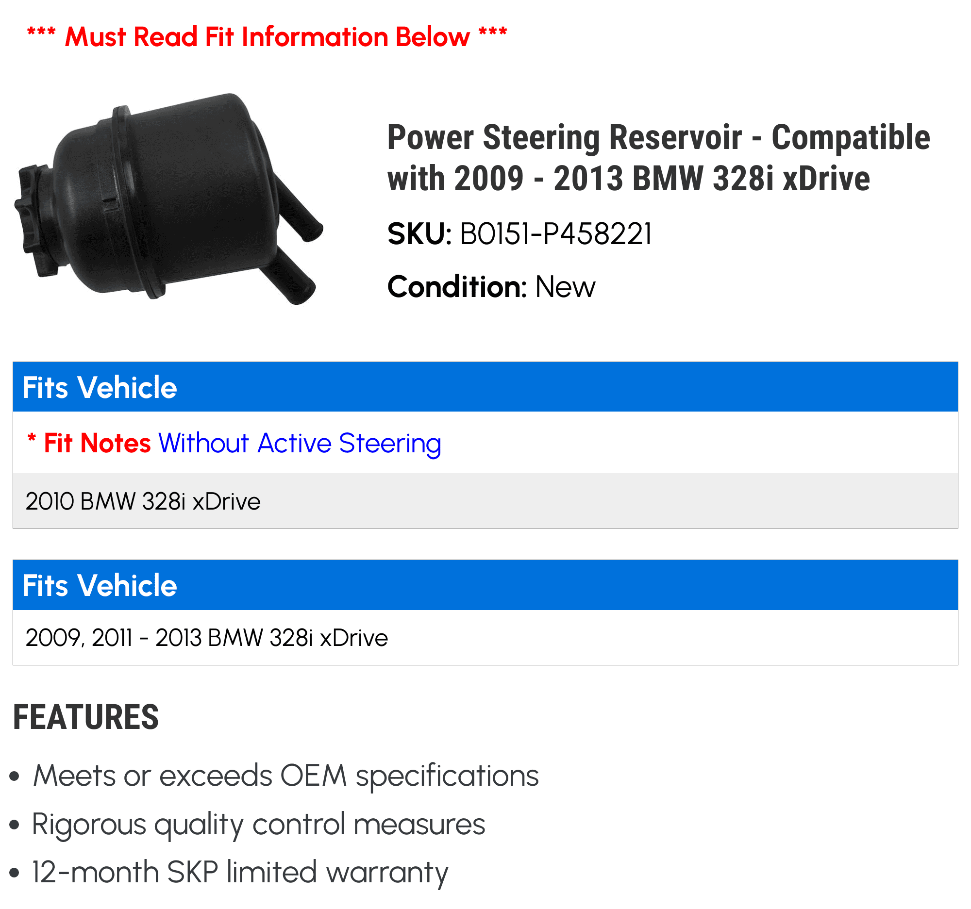 Power Steering Reservoir - Compatible with 2009 - 2013 BMW 328i xDrive 2010 2011 2012