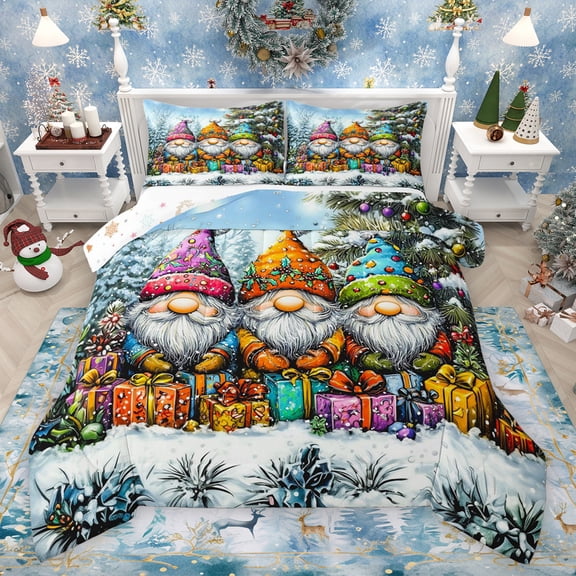 Feelyou Magic Santa Slaus Queen Comforter Set for Teens, Kawaii Christmas Gifts Bedding Sets, Pine Tree Reversible Bedding Comforter Set, Breathable Home Decor, 3-Piece