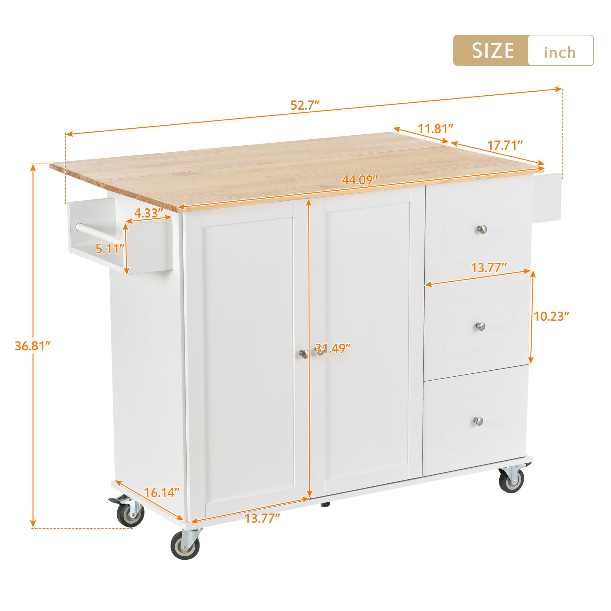 Homy Casa 52.7" Rolling Kitchen Island with Solid Wood Top, Storage Cabinet, Drawers & Drop Leaf, White