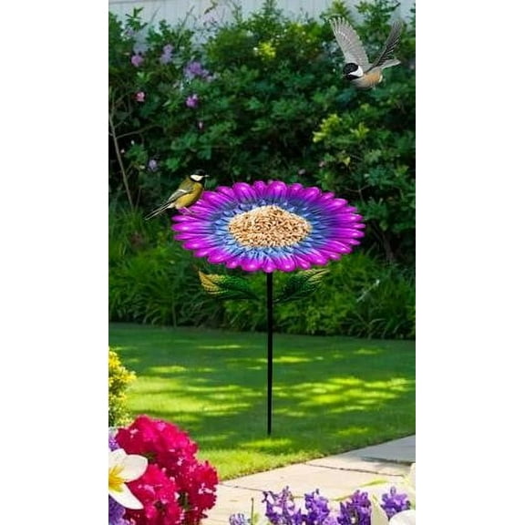 Blukids Solar Glass Blue Bird Bath, Yard Art,Garden Outdoor Birdbath with Metal Stake with White LED Light Metal Stake Garden Decor Gifts(B)