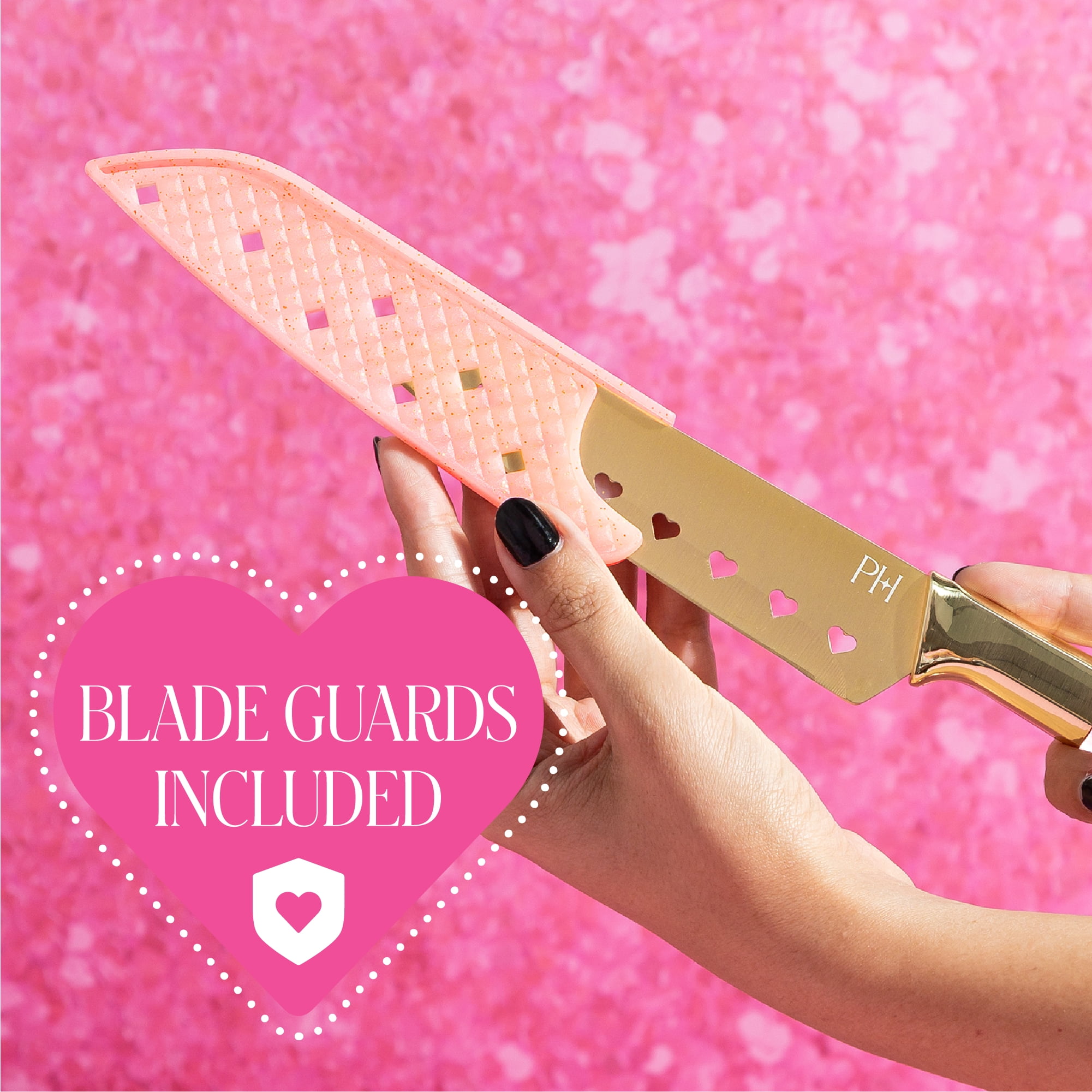 Paris Hilton 10-Piece Cutlery Set with 5- Knives and 5- Blade Guards, Gold Titanium-Coated Stainless Steel Blades, Pink Jewel-Shaped Handles