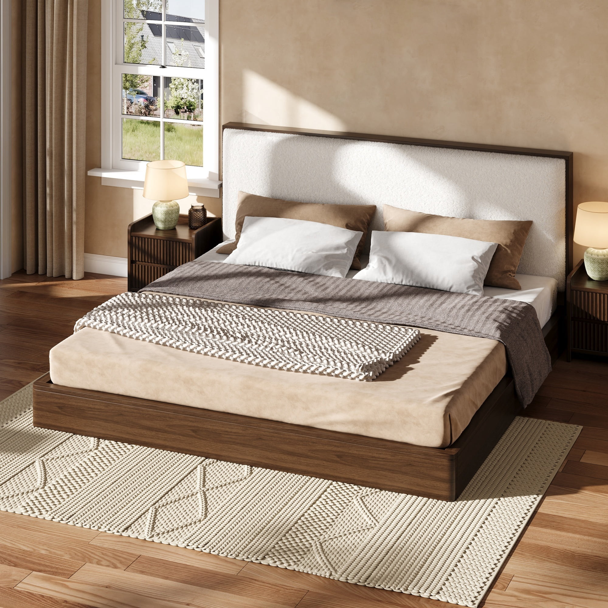 Euroco Wood King Size Platform Bed with Bouclé Upholstered Headboard, No Box Spring Needed, Walnut
