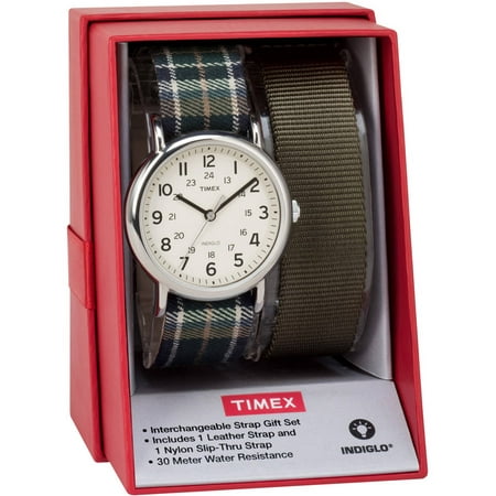 Timex Women's Weekender 38 Watch Gift Set, Green Plaid & Olive Nylon Slip-Thru Straps
