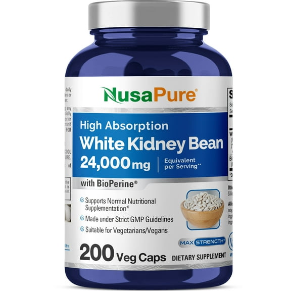 NusaPure White Kidney Beans 7,000 mg per Veggie Capsule | 200 Count | Extract 20:1 | Vegetarian, and Non-GMO Vegan