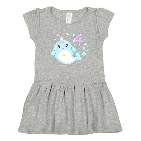 

Inktastic Happy 4th Birthday with Cute Narwhal Stars and Bubbles Gift Toddler Girl Dress