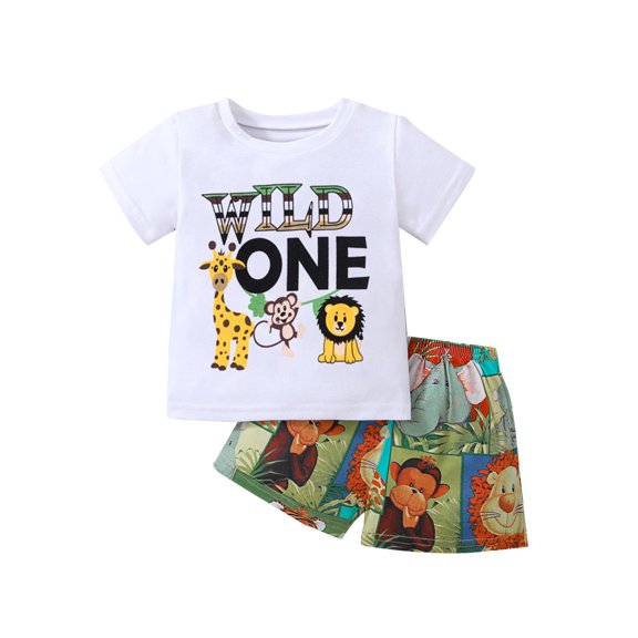 Baby Boy One 1 Year Old Birthday Outfit Wild One Short Sleeve Letters T-shirt and Shorts Set Summer Outfit