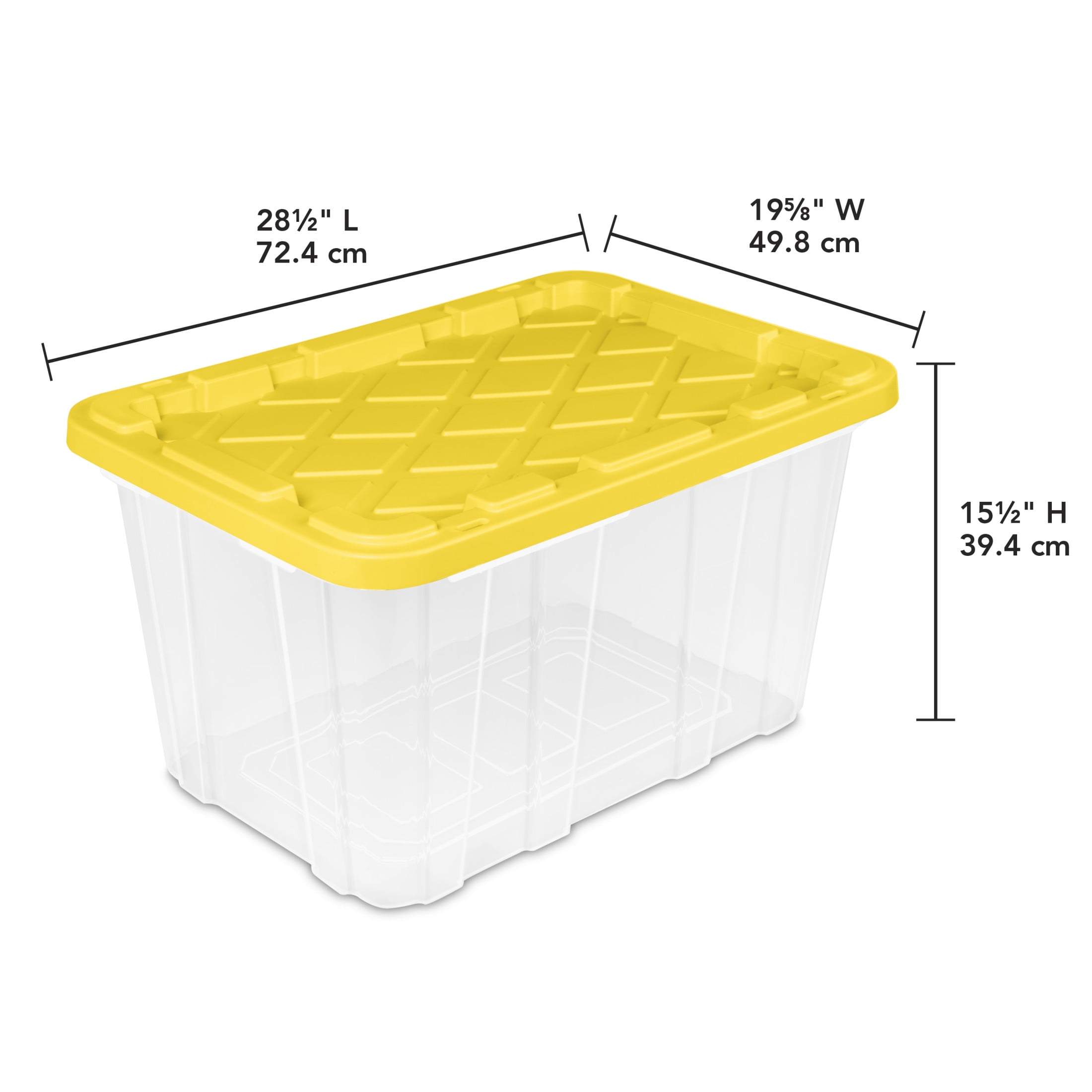 Sterilite Large Industrial Storage Tote, 27 Gallon Durable Clear Plastic Storage Bin with Snap-Fit Lid, Yellow, 4 Pack