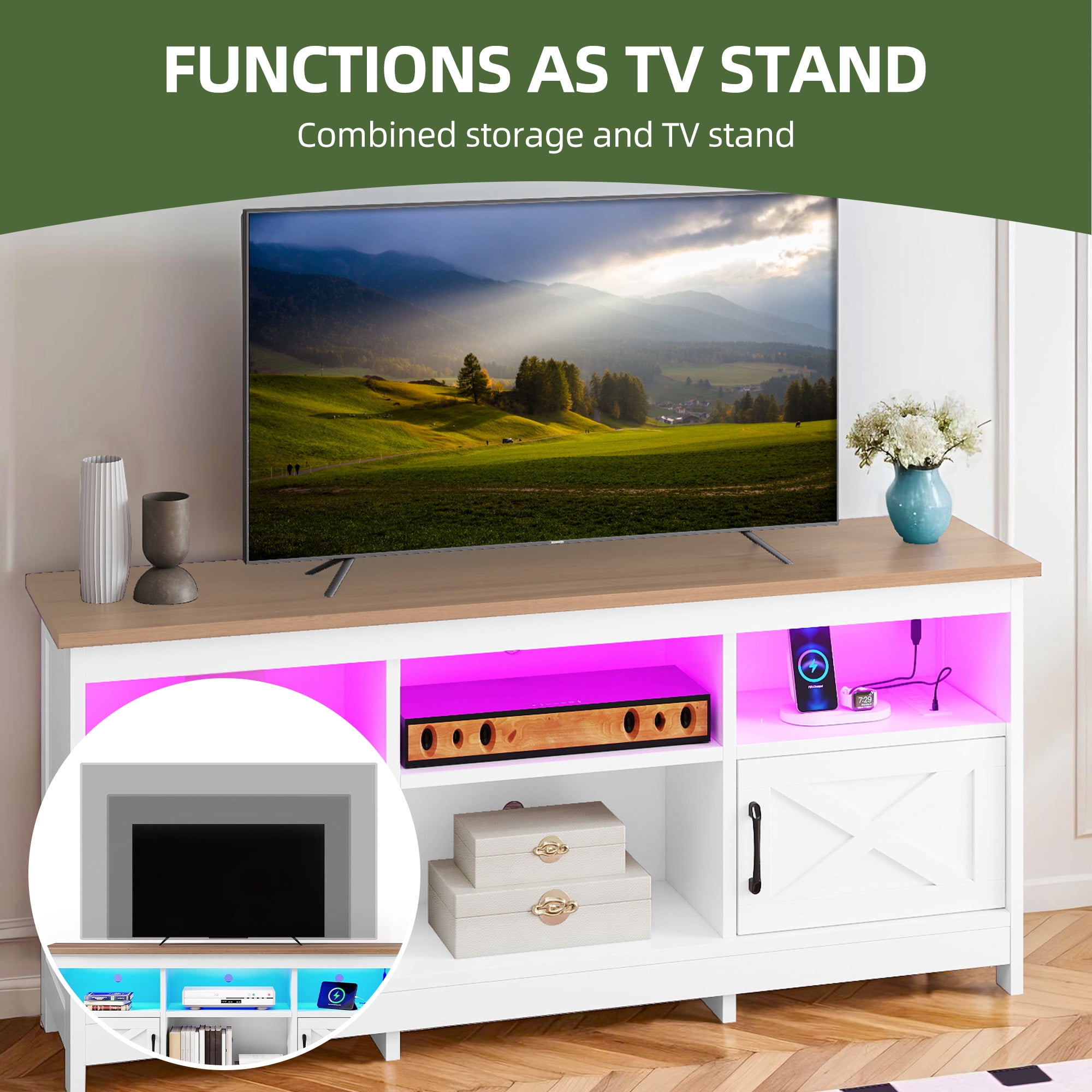 Uforic TV Cabinet with Storage, LED Lights, and Power Outlet, TV Stand for Living Room, Bedroom, or Apartment, Accommodate 65 Inch TVs, White and Walnut