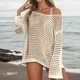 thumbnail image 2 of Women's Crochet Cover Ups Off Shoulder Sheer Mesh Long Sleeve Beach Tops Lightweight Quick Dry Relaxed Fit Bathing Suit, 2 of 7