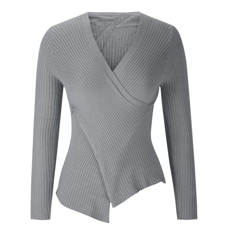 Hfyihgf Women s Criss Cross V Neck Sweaters Long Sleeve Knit Wrap Front Slim Fit Pullover Tops Gray S