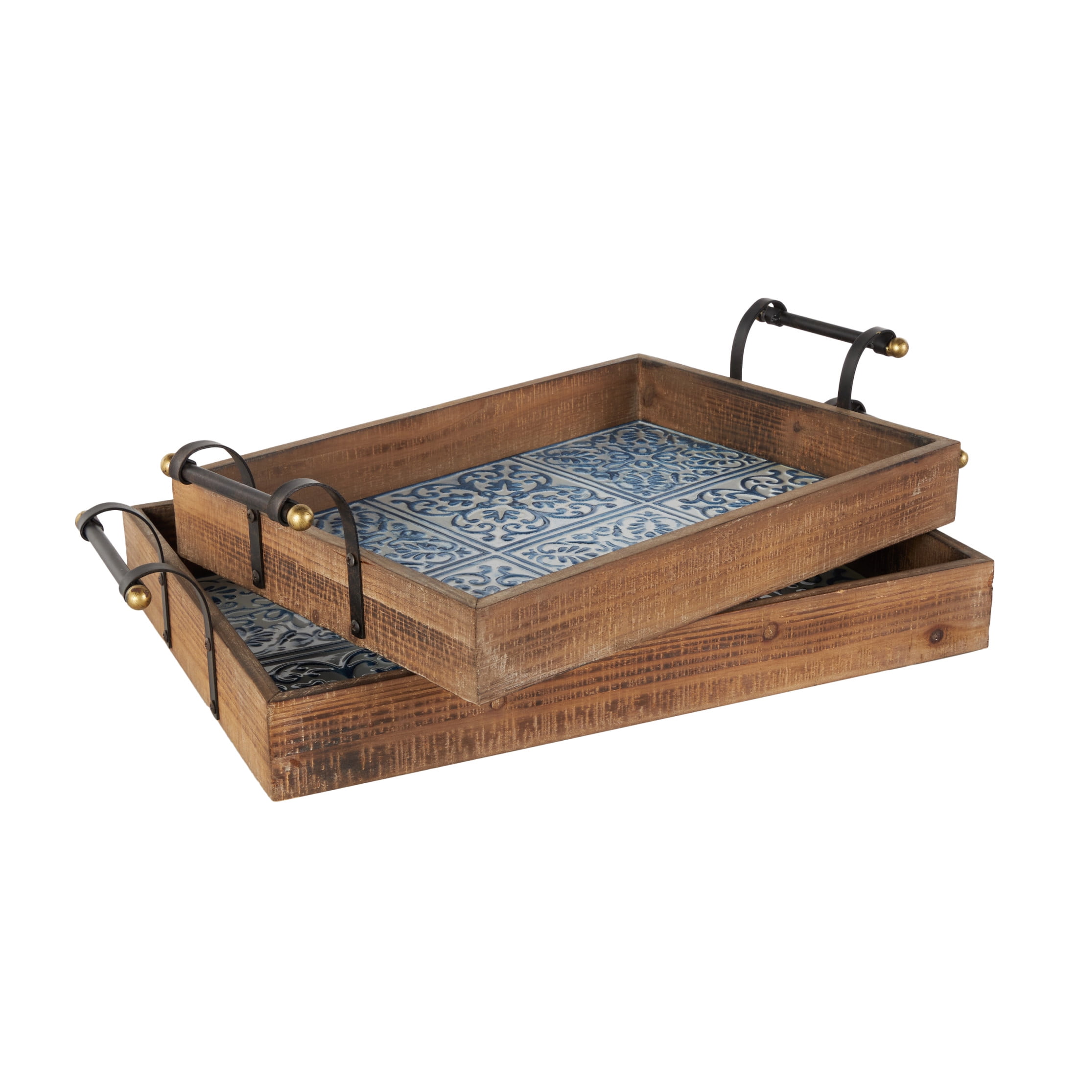 DecMode 23", 19"W Brown Wood Floral Tray with Tile Patterns, 2-Pieces