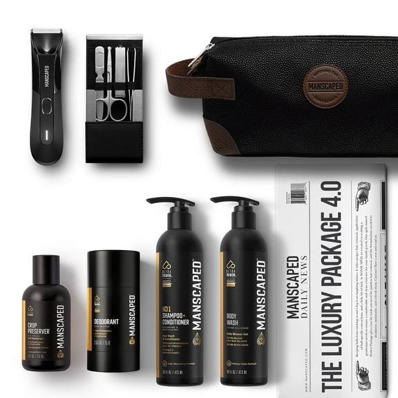 MANSCAPED® The Luxury Package 4.0 Includes: The Lawn Mower® 4.0 Electric Trimmer, The Shears 2.0 Nail Kit, Crop Preserver®, Deodorant, Body Wash, 2-in-1 Shampoo & Conditioner, The Shed Toiletry Bag