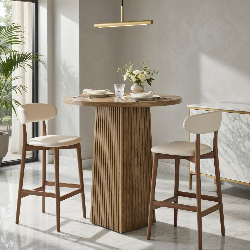 Hommoo 31.5 Inch Round Pub Table, Modern Fluted Pedestal Bar Table for Kitchen, Apartment, Breakfast Nook & Small Spaces, Walnut
