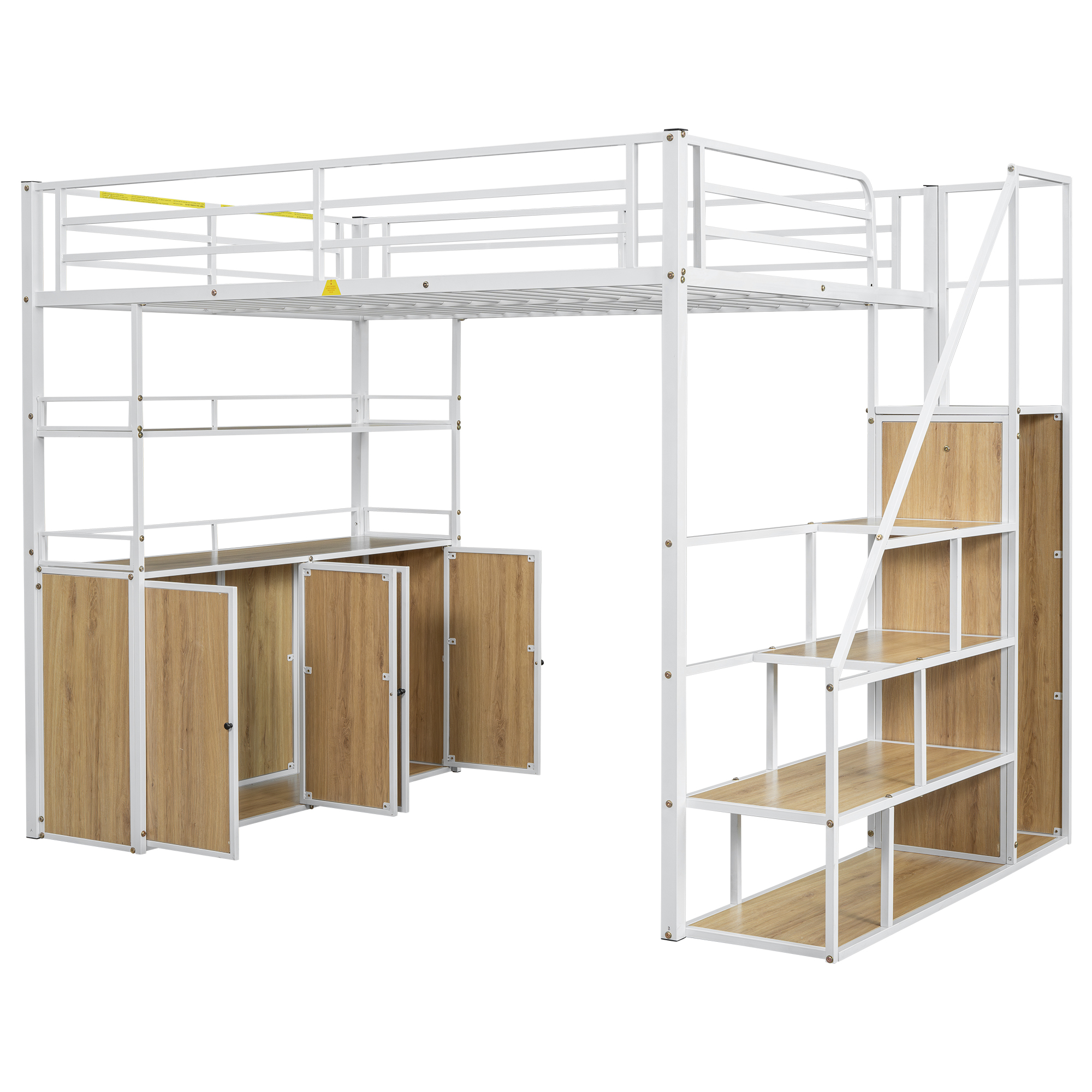 Euroco Metal Full Size Loft Bed with Desk and Wardrobe, Storage Staircase and Lockers for Kids Teens, White