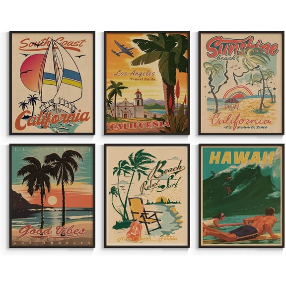 Room Wall Decor, Set of 6 Summer Beach Wall Art Prints, Hawaii Surfboard Wall Decor, for Retro Aesthetic Living Room, Bedroom Wall Decor, 8x10in, Unframed