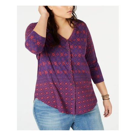 LUCKY BRAND Womens Purple Printed 3/4 Sleeve V Neck Blouse Plus Size: 3X