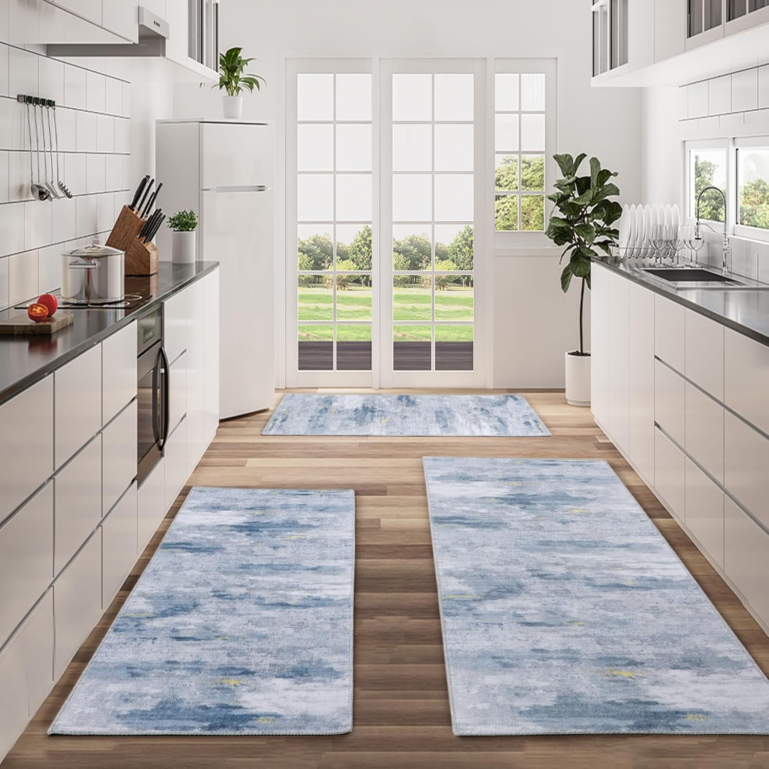 Washable Non Slip Kitchen Rugs Set of 3,Modern Abstract 3 Piece Kitchen Mats for Floor,Absorbent Carpet for Kitchen,Soft Low Pile Kitchen Runner Rug for Sink,Laundry,Washroom,Blue