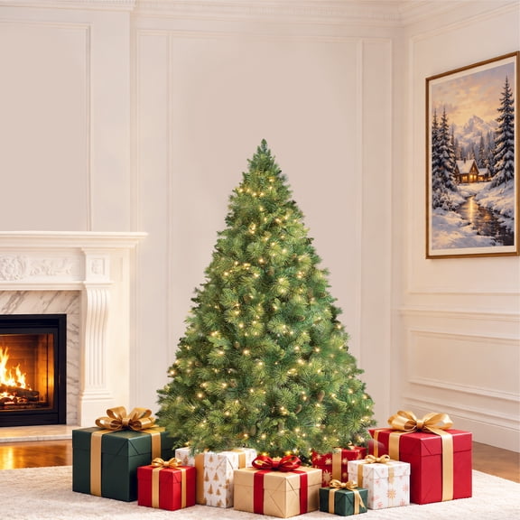 Naomi Home Vail 4.5ft Prelit Pine Cone Christmas Tree With 300 Warm Lights, 561 Branch Tips, 38in Wide, Foot Pedal, Metal Stand