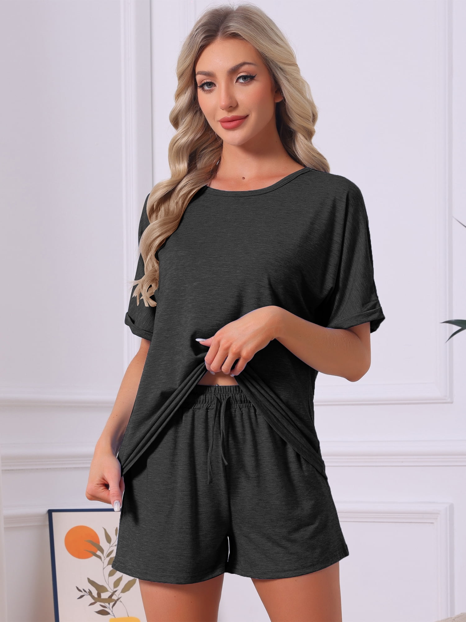 DARING DIVA Women's Soft Pajama Set Round Neck Rolled Cuffs Top with Shorts S Black