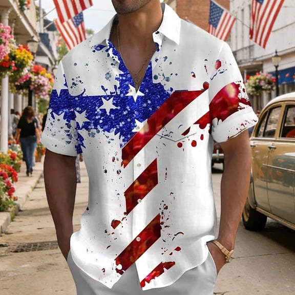BUWTTED Shirts for Men 250th Anniversary Cross Flag Printed Short Sleeve Button Down Loose Summer Independence Day White Shirt L