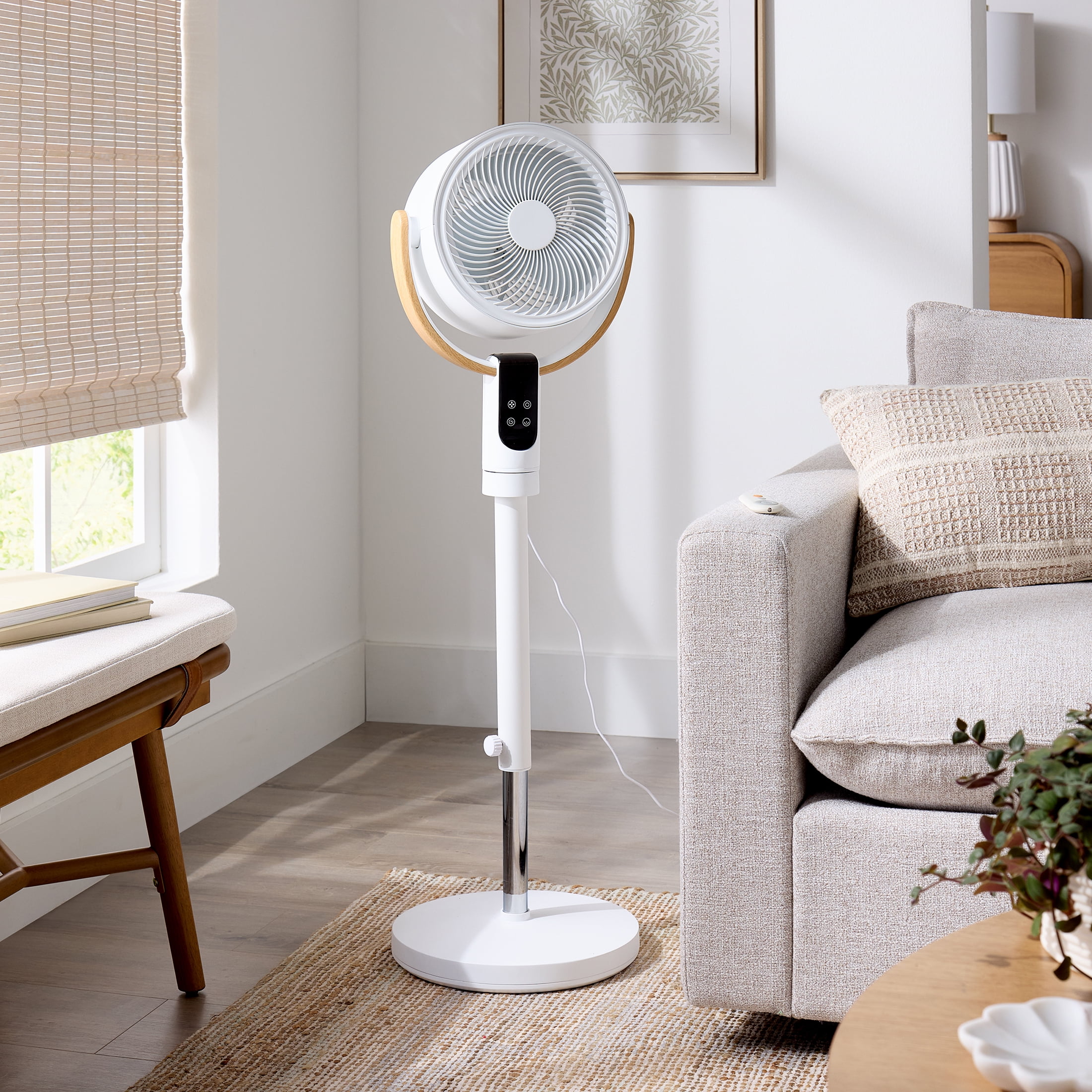 Better Homes & Gardens 8 Inch Air Circulator Pedestal Fan, Juliet Collection, White and Light Honey
