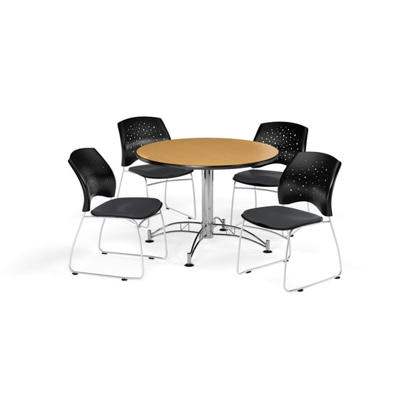 OFM Multi-Use Break Room Package, 42" Round Table with Stars Stack Chairs, Oak Finish with Chrome-Plated Steel Base and Slate Gray Seats (PKG-BRK-168)