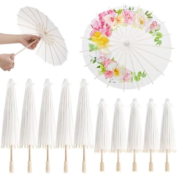 10 Pack Parasol Paper Umbrellas, 12" 16" DIY Small Painting Handmade Decorative Oil Parasol, White Paper Umbrella 2 Sizes for Decorations Kids Party Wedding Craft Photo Props Art Display