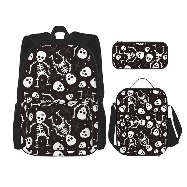 Disketp Skeleton Mochila Estampada de Gran Capacidad con Lonchera y Estuche, Set de 3 Piezas para Estudiantes