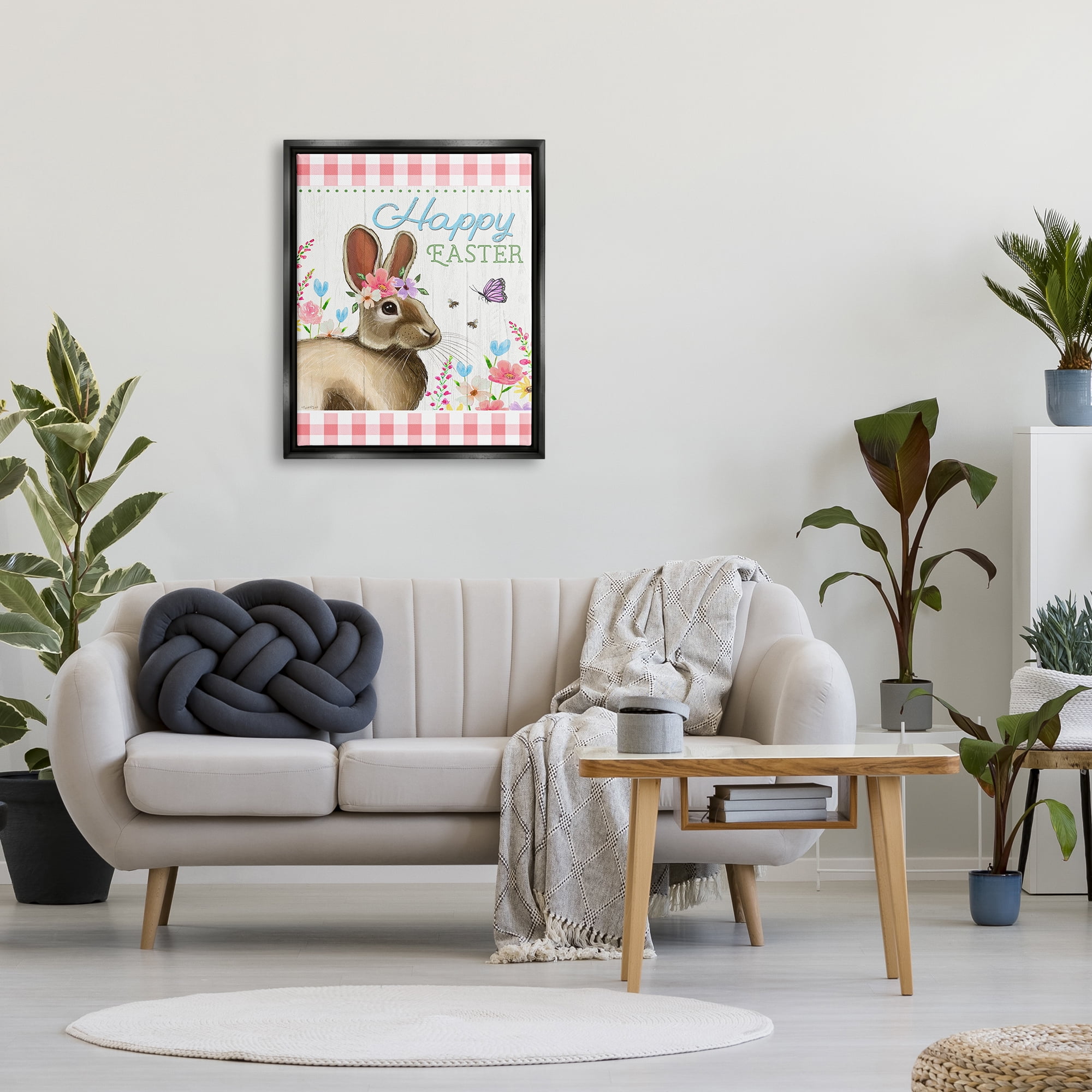 Stupell Happy Easter Floral Gingham Rabbit Holiday Painting Black Floater Framed Art Print Wall Art
