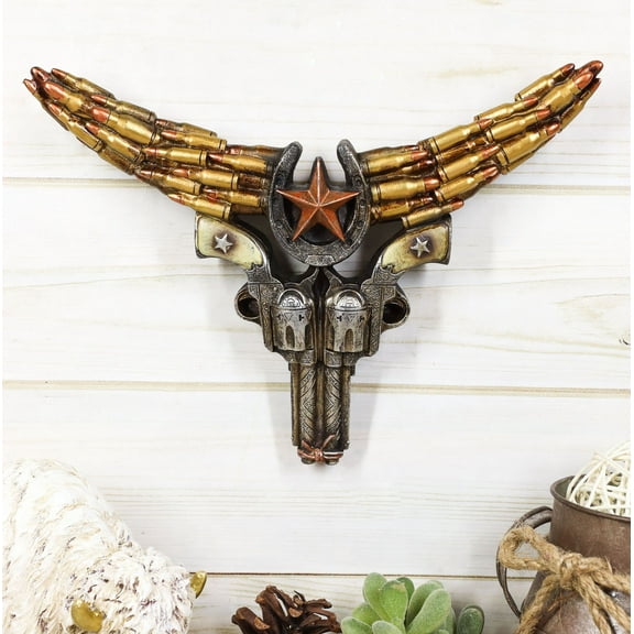 Rustic Western Bison Bull Cow Skull W/ Horseshoe Star Casings Wall Decor