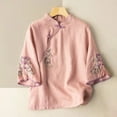 thumbnail image 4 of Srogem Cotton Linen Tops Summer 3/4 Sleeve Chinese Frog Blouses Traditional Mandarin Embroidered Jacquard Shirts, 4 of 4