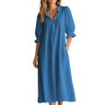 thumbnail image 2 of SETOOFF Women Ruffled V Neck Midi Dress Puff 3/4 Sleeve Loose Shift Dress Casual Side Pockets Vacation Travel Outfits, 2 of 7