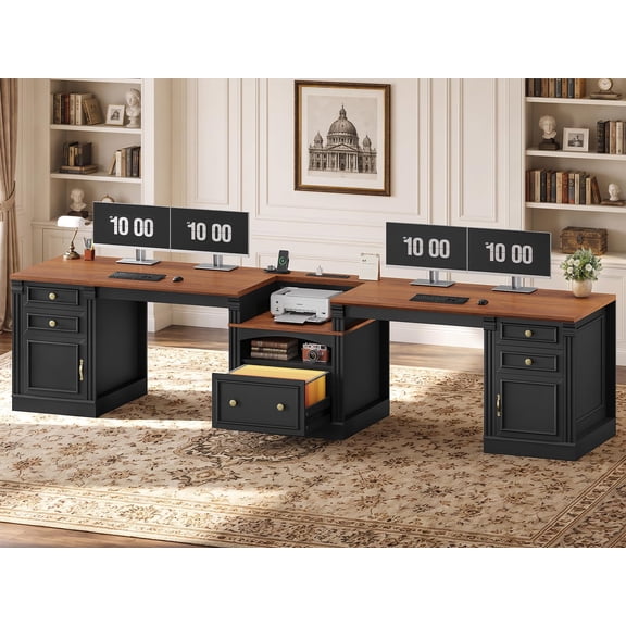 Frhnenha 110" 2 Person Desk with Drawers & Cabinet, Double Computer Desk with Power Outlets and Printer Space, Long Two Person Writing Desk, Black