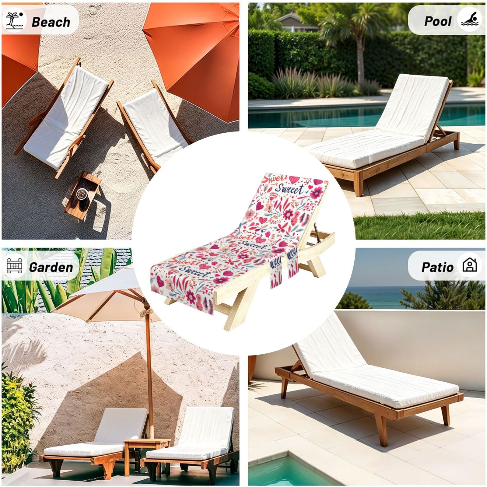 1 Pc Beach Chair Cover 30×85in Absorbent Non-Slip Easy To Handle Collapsible For Most Standard Beach Chair Loungechairs Sweet Flower