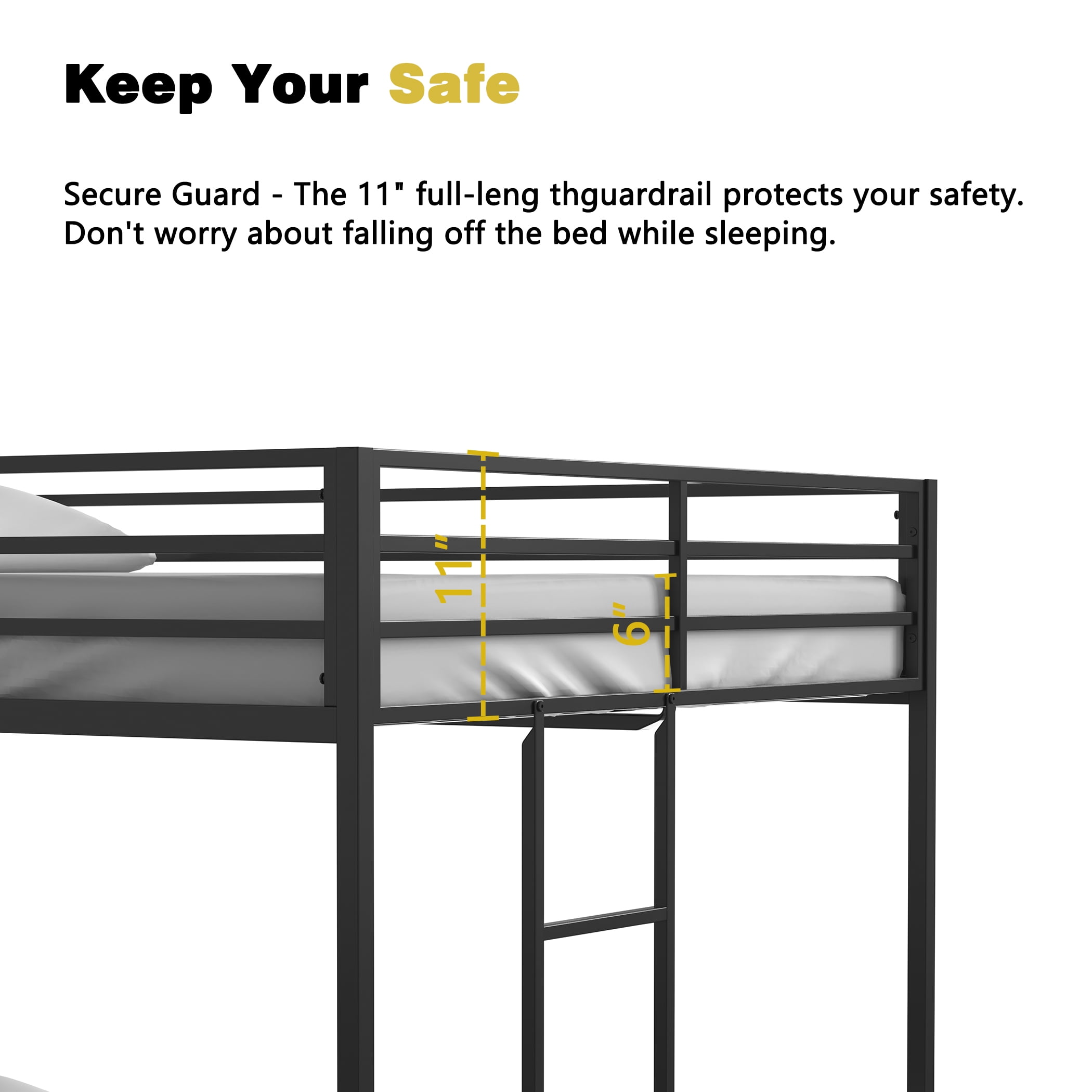 Miniyam Full over Full Metal Bunk Bed with Safety Guardrails, Ladder for Teens, Black