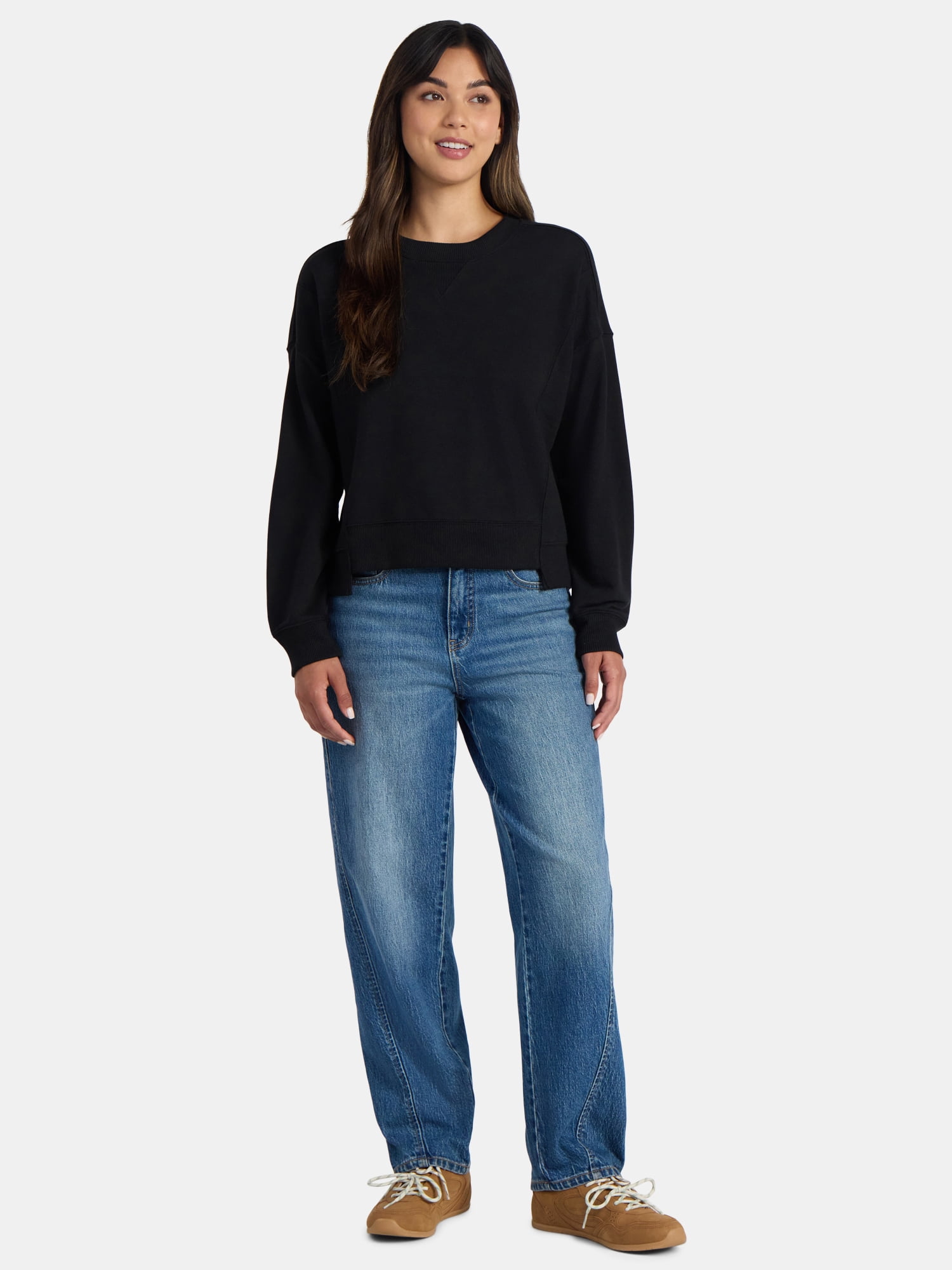 Time and Tru Women’s Ribbed Panel Sweatshirt with Long Sleeves, Sizes XS-XXXL